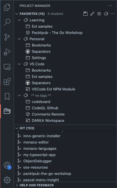 Project Manager side bar screenshot